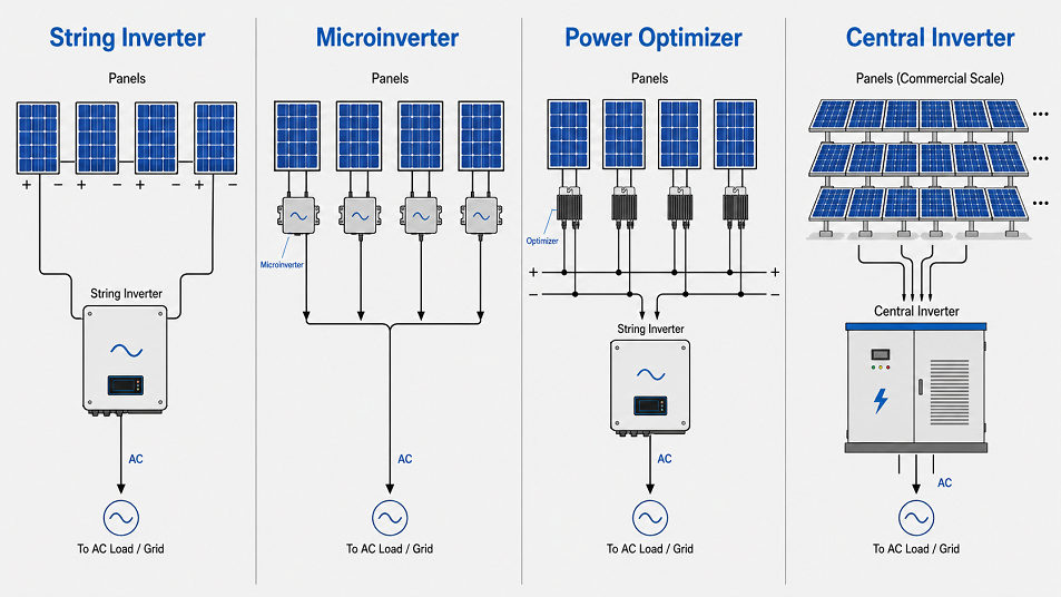 Illustration comparing four grid-tie inverter configurations: string inverter, microinverter, power optimizer with central inverter, and central inverter for commercial arrays